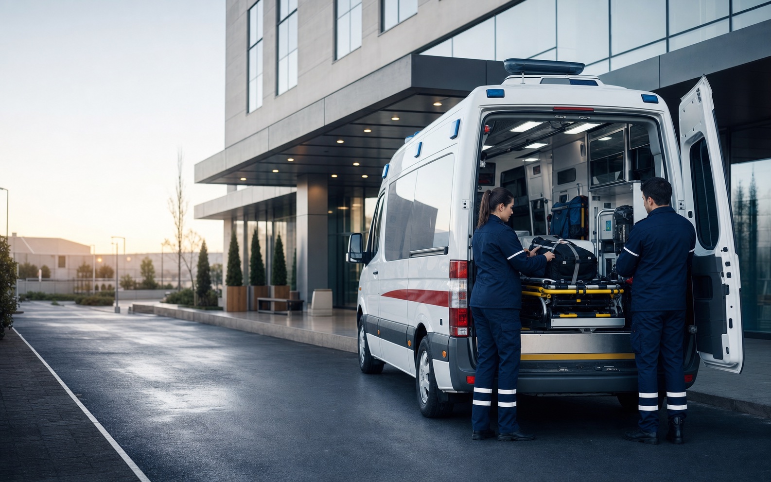 Modern bir sağlık merkezinin önünde ekipman hazırlayan ambulans ekibi