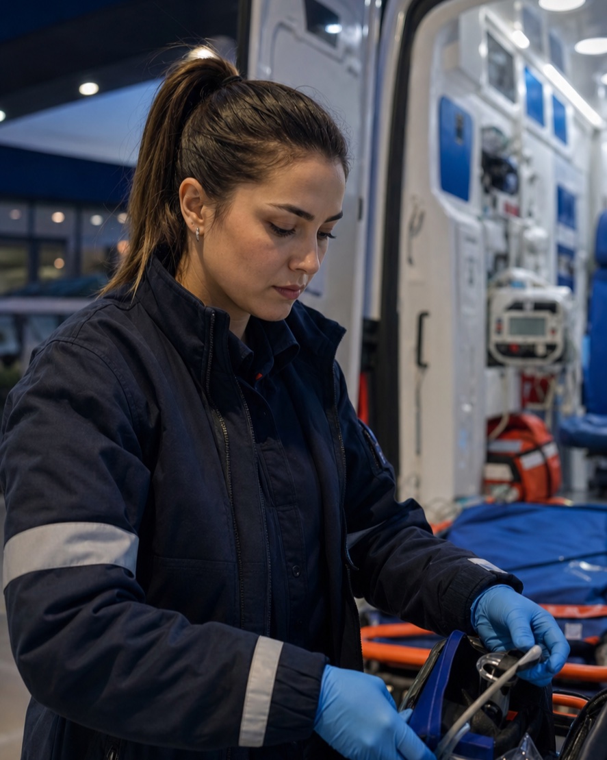 Ambulans yanında tıbbi ekipmanları hazırlayan sağlık görevlisi